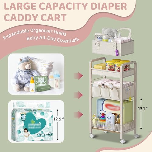 JRANBRJS Baby Diaper Caddy Organizer and Storage,2In1 Baby Cart Organizer-Baby Diaper Caddy+3 Tier Rolling Cart for Baby Nursery,Baby Bedside Cart,Easy Assembly,Beige