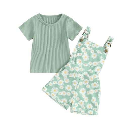 Lucikamy Toddler Baby Girls Summer Outfit Short Sleeve Ribbed Tops + Flower Suspender Overalls Shorts Set Kids Cute Clothes