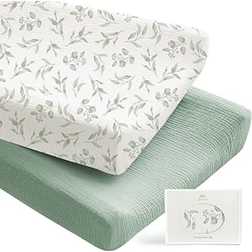 Konssy 2 Pack Muslin Changing Pad Covers for Boys, Ultra Soft & Breathable Cotton Baby Diaper Changing Table Covers, Neutral Nursery Diaper Changing Pad Sheets (Green, Green Leaves)