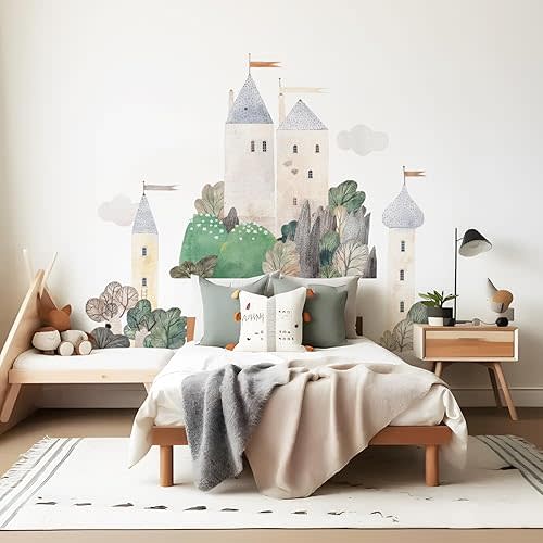 Large Watercolor Wall Decals Peel and Stick, Self Adhesive Vintage Wall Stickers for Kids Bedroom Playroom Nursery Room Wall Decor Decal, Fairy Tale Assembled Hill Castle