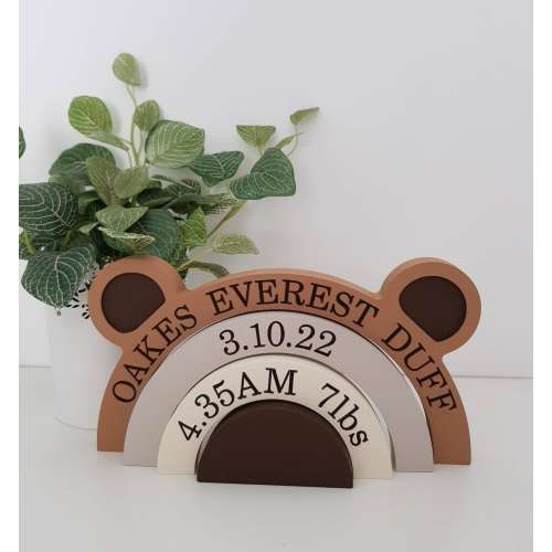 Engraved Bear rainbow shelfie, birth details, new baby gift, kids room decor, woodland nursery, adventure
