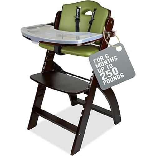 Abiie Beyond Junior Wooden High Chair with Tray - Convertible Baby Highchair - Adjustable High Chair for Babies/Toddlers/6 Months up to 250 Lbs - Stain & Water Resistant Mahogany Wood/Olive Cushion