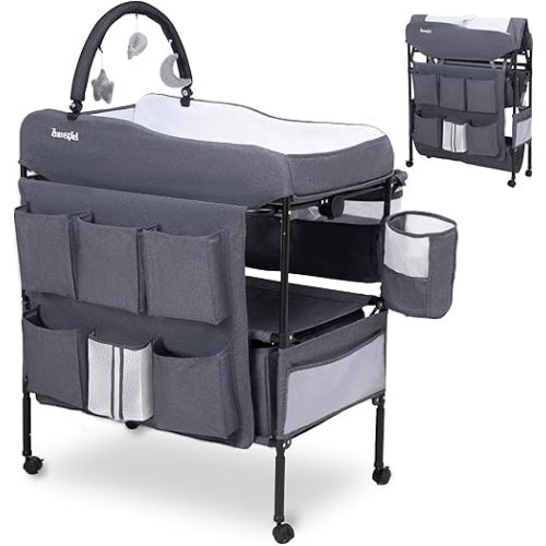 Baby Changing Table, Versatile Portable Folding Changing Table, Waterproof Diaper Changing Station with Waste Basket, Adjustable Height with 2 Drawers, Baby Changing Station