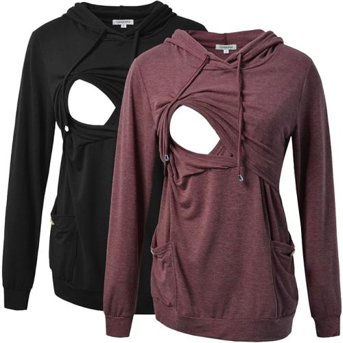 GINKANA Womens Nursing Hoodie Top Sweatshirt Long Sleeve Button Decoration Pockets Shirts Tunic Top