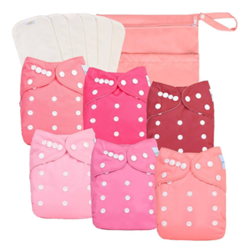 babygoal Baby Girl Cloth Diapers 6 Pack with 6pcs Inserts and Wet Bag, Reusable Waterproof Diaper Covers for Toddlers with Snap Closure