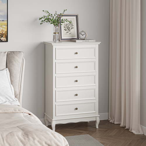 Royalcraft Dresser for Bedroom, Modern 5 Drawer Dresser with Solid Wood Legs and Painted Finish, Tall Chest of Drawers, Wooden Storage Cabinet Organizer for Living Room, Hallway, Entryway