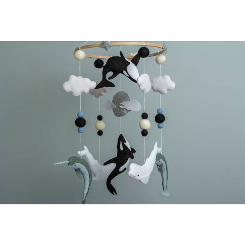 Crib mobile with orca whale, narwhals and belugas for nursery Monochrome mobile Baby Shower gift Baby mobile neutral