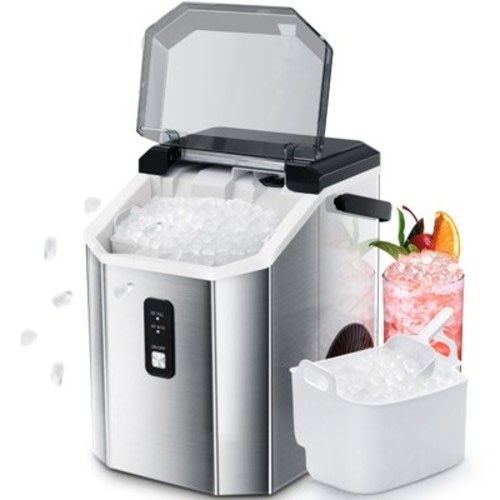 R.W.FLAME Nugget Ice Maker Countertop, Portable Ice Maker Machine with Handle, Self-Cleaning, with Ice Scoop and Basket, Stainless Steel Silver