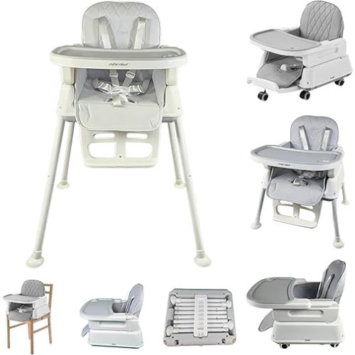 7-in-1 Convertible Baby High Chair – Adjustable Infant Feeding Chair with Booster Seat, Recline, Removable Tray, Machine-Washable Cushion, 5-Point Harness, Portable, Easy to Fold & Clean(Gray)