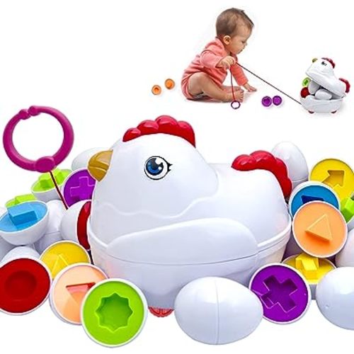 Easter Matching Eggs Toddler Toy with Push & Pull Chicken Box, 12 Pcs Montessori Sorter Learning Educational Toy, Multiple Shapes and Colors Fine Motor Skills Sensory Toy, Gift for Boys Girls