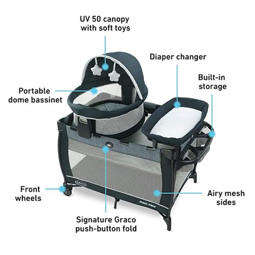 Graco Pack 'n Play Travel Dome LX Playard | Includes Portable Bassinet, Full-Size Infant Bassinet, and Diaper Changer, Leyton - w/ Raised Mode