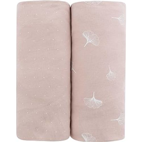 Ely’s & Co. Pack N Play│Playard│Portable Crib Sheet 2-Pack - Combed, 100% Jersey Cotton for Baby Girl — Rosewater Pink, Pin Dots & Gingko Leaves