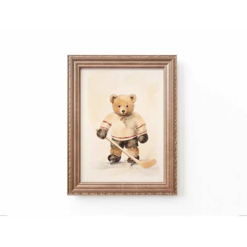 Teddy Bear Playing Hockey Art Nursery Sports Art Kids Room Hockey Teddy Bear Decor Nursery Animal Hockey Art Kids Room by Bespoke Littles