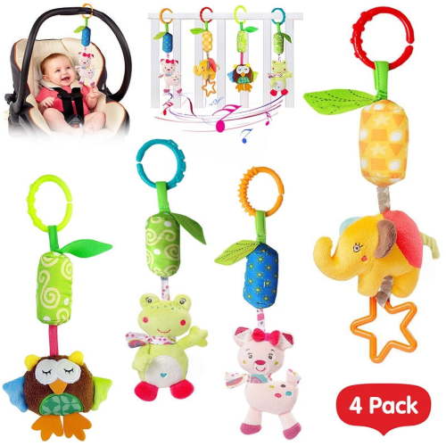 SAYLITA 4 Pack Baby Toy Soft Hanging Rattle Learning Toy with Teethers Plush Animal C-Clip Ring Infant Newborn Stroller Car Seat Crib Travel Activity Wind Chimes Hanging Toys for 3 6 9 12 Months