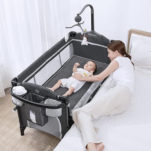 ANGELBLISS 5 in 1 Baby Bassinet Bedside Sleeper, Rocking Bassinet for Baby, Easy Folding Portable Playards, Pack and Play with Mattress, Diaper Changer and Music Mobile