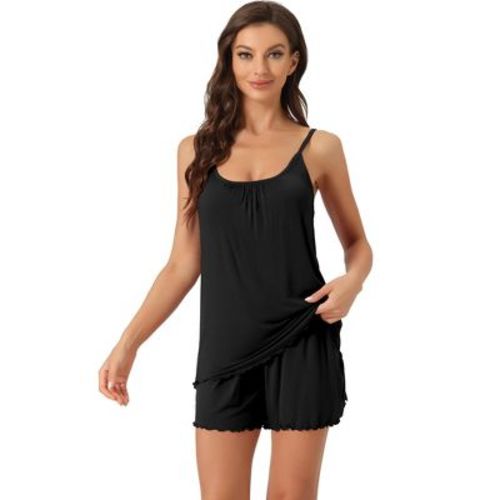 cheibear Women's Loungewear Solid Color Ruffle Trim Camisole Tops with Shorts Pajama Sets