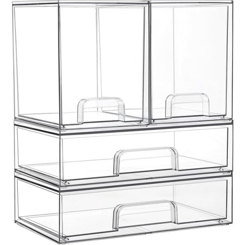 Vtopmart Clear Stackable Storage Drawers Set of 4, Plastic Organizer Bins for Makeup, Cosmetics, Beauty Supplies,Ideal for Vanity, Bathroom,Cabinet,Pantry Organization