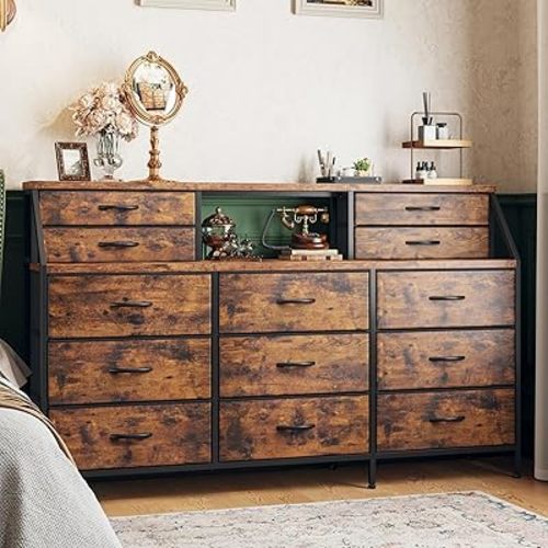 55" W Dresser for Bedroom, Dressers & Chests of Drawers with 13 Fabric Drawers and 2 Open Shelves, Long Dresser for Girls Bedroom & Closet,Metal Frame & Wooden Top, Rustic Brown