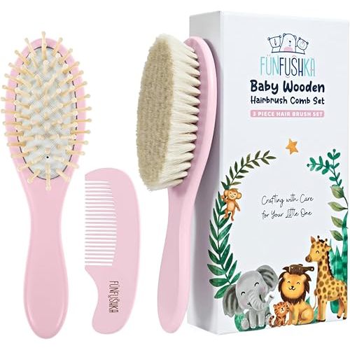Baby Hair Brush Set for Newborns - Baby Brush and Comb Set - Ultra Soft Goat Hair Bristles, Perfect for Cradle Cap, Newborn Showers & Registries Gift, Comb Brush for Girls & Boys (Rosa)