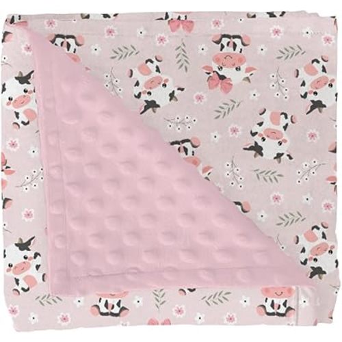 Cute Cow Pink Bows Baby Blankets for Girl Boy Cartoon Cows with Flowers Leaves Soft Mink Dotted Backing Double Layer Swaddle Blanket Farm Animals Bed Throw for Newborn Infant Toddler Nursery 30x40
