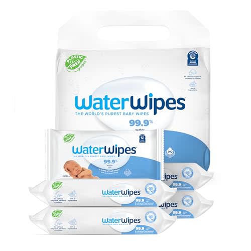 WaterWipes Plastic-Free Original Baby Wipes, 99.9% Water Based Wipes, Unscented & Hypoallergenic for Sensitive Skin, 300 Count (5 packs)