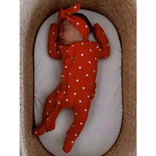 Organic Waffle Ruffle Zip Footie, Little White Heart (on Red)