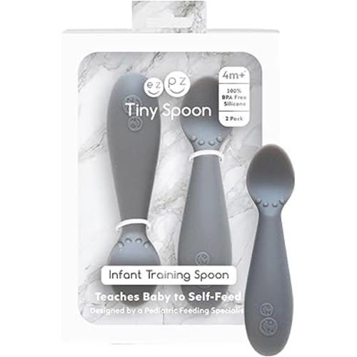 ezpz Tiny Spoon (2 Pack in Gray) - 100% Silicone Baby Spoon for Baby Led Weaning + Purees - 6 months + - Designed by a Pediatric Feeding Specialist - Baby Essentials & Baby Gifts