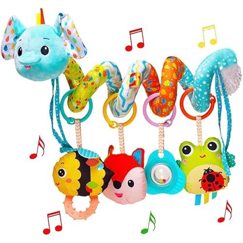 Stroller Toys, Car Seat Toys for Babies Infants 0-6 Months, Activity Spiral Plush Toys Hanging Toys Gift for Baby Boys and Girls 0 3 6 12 Months Newborn Sensory Toys with Rattles Squeaker Music -Blue