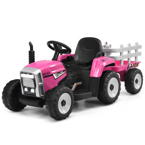 Costway 12V Kids Ride On Tractor with Trailer Ground Loader w/ RC & Lights Pink