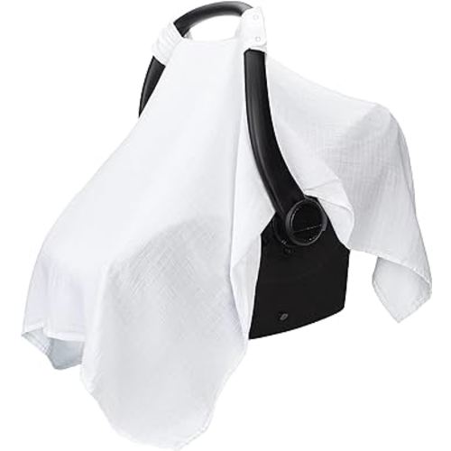 Muslin Cotton Baby Car Seat Cover, Universal Fit Carseat Canopy Covers for Babies, Girls and Boys by Comfy Cubs (White)