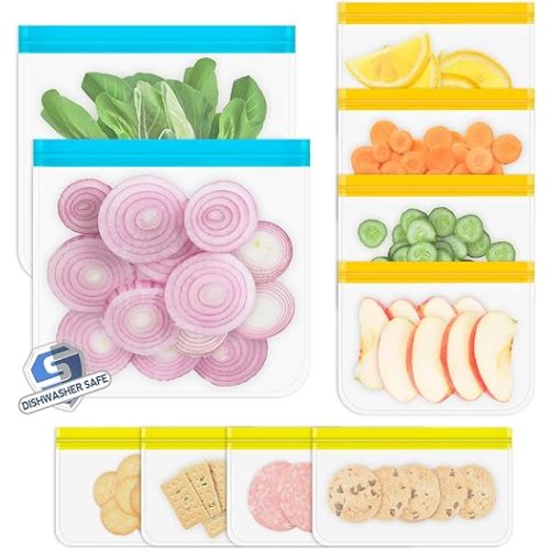 Reusable Storage Bags, 10 Pack Dishwasher Safe Silicone Food Storage Bags with 3 Sizes for Marinate Meats, Sandwich, Snack, Cereal, Travel Item