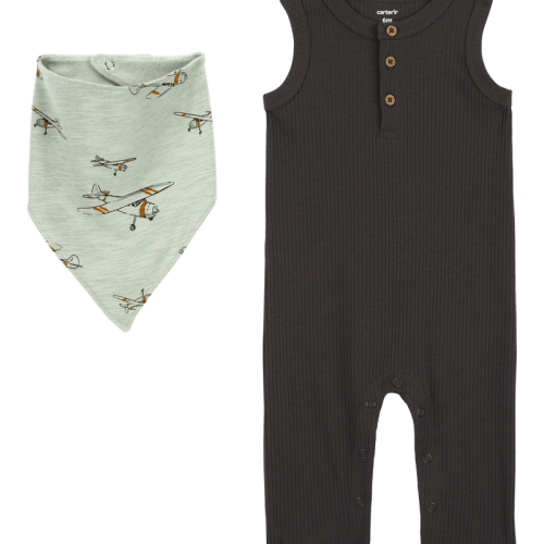 Multi Baby 2-Piece Drop Needle Jumpsuit & Bandana Bib Set | Carter’s Oshkosh Canada