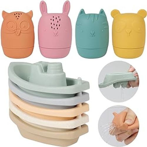 Bath Toys Floating Boats with Silicone Bath Toys,9pcs Mold Free Baby Bath Toys for Infants 6-12-18 Months,Water Table Toys for Toddlers 1-3,Shower Toys Pool Toys for 1 2 3 4 Boys Girls Kids