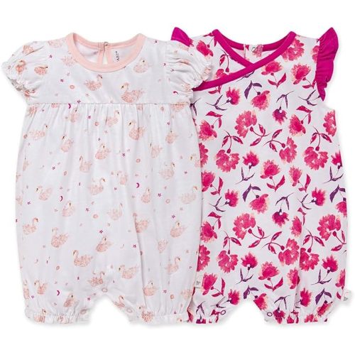 Burt's Bees Baby baby-girls Rompers, Set of 2 Bubbles, One Piece Jumpsuits, 100% Organic Cotton - 12 Months - Graceful Swans