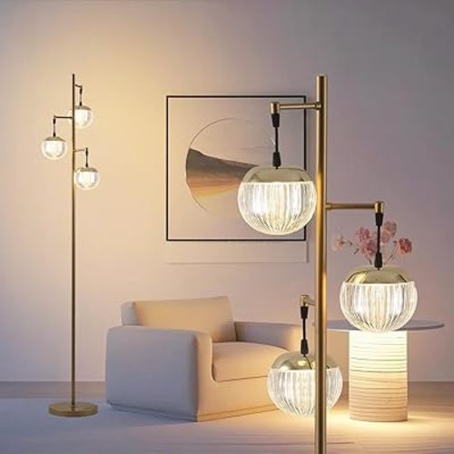 Fiqevs Mid Century Modern Floor Lamp with LED Bulbs, God Standing Lamp Floor Light with 3 Ribbed Globe Shades, Tall Lamp for Living Room Bedroom Office - Antique Brass