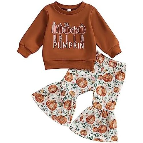 Hnyenmcko Baby Girl Halloween Outfit Long Sleeve Letter Print Tops Pumpkin Flared Pants Headband Set 3Pcs Fall Clothes