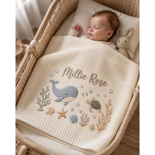 Personalized Under the Sea Embroidered Baby Blanket, Custom Name Whale and Turtle Blanket, Ocean Nursery Baby Shower Gift