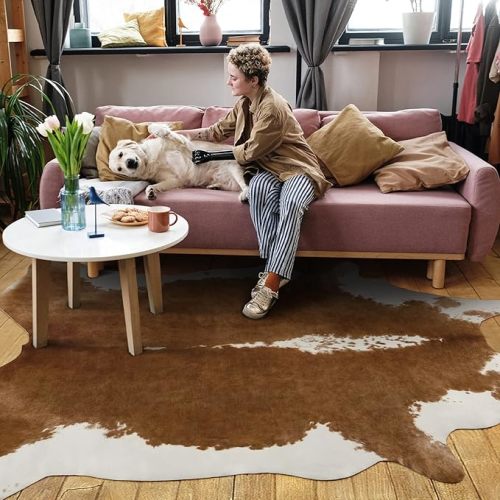 Keeko Faux Cowhide Rug Small Cow Print Rugs, 4.6x5.2 Western Living Room Entryway Rug Non-Slip Indoor Country Premium Animal Print Rugs for Bedroom Dorm Faux Hide Carpet Room Decor Brown