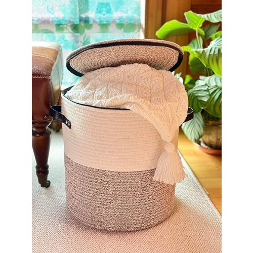 Cotton rope Storage Basket with Zipper cover & Woven baskets with Lid easy to move Multi-Purpose Storage Basket for Living Room, 13 x14 inches(Brown+White)