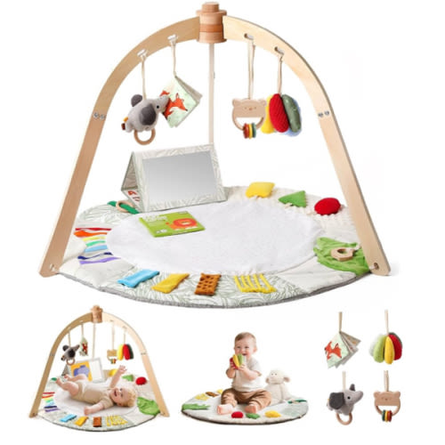 Wooden Baby Play Gym & Tummy Time Playmat – Montessori Sensory Activity Mat with 6 Developmental Toys for Fine Motor Skills – for Newborns to Toddlers (0–12M+)