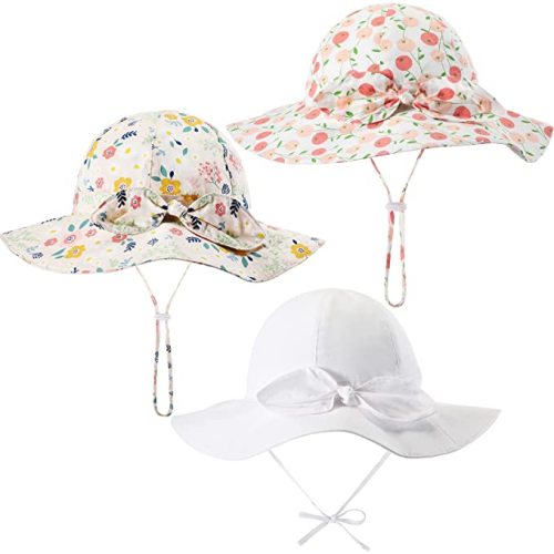 3 Pieces Baby Girls Sun Hat Bowknot Toddler Sun Hat Adjustable Beach Hat Wide Brim Summer Baby Hat - Cherry Flower Style