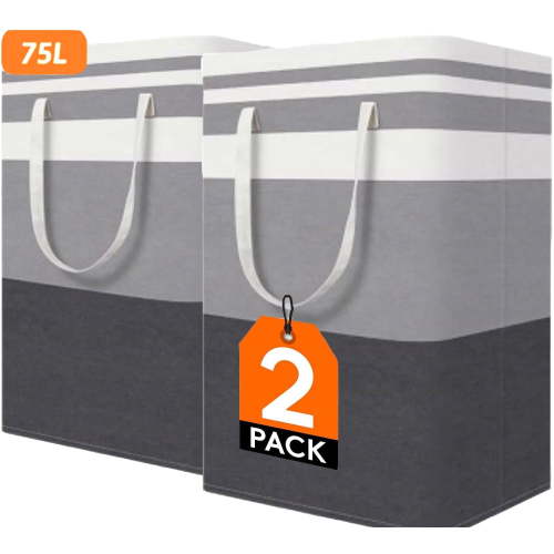 Yuphony 2 Pack 75L Large Laundry Basket, Freestanding Foldable Waterproof Cotton Linen Clothes Hamper, for Clothes and Toy Black