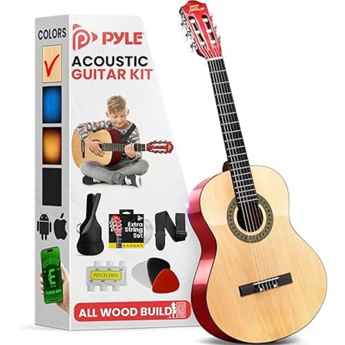 Pyle 30” Classical Acoustic 6 String Linden Traditional Style Guitar w/Wood Fretboard, Case Bag, Nylon Strap, Tuner, 3 Picks-for Beginner, Children Use, Right Handed, (PGAKT30)