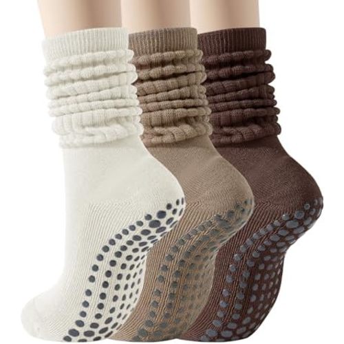 Pilates Socks with Grips for Women, 3 Pairs Long Scrunch Non Slip Yoga Barre Home Slouch Socks