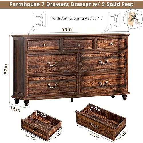 7 Drawers Dresser for Bedroom, Vintage Wood Chest of Drawers w/ 4 Wooden Legs, Wide Closet Storage Dressers Organizer for Hallway, Rustic Large TV Stand for Living Room, Brown