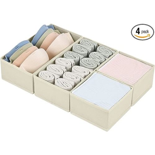 DIMJ Drawer Organizers Clothes, Set of 4 Dresser Organizer Bins, Fabric Closet Organizers and Storage, Shallow Drawer Dividers for Nursery, Clothing, Baby Clothes, Socks, Underwears, Tie (Beige)