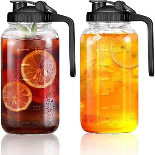 Wide Mouth Mason Jars 64 oz with Pour Spout Lids, SNGKMSYG 2 Quart Glass Pitcher with Lid, Double Leak Proof Breast Milk Pitcher for Fridge, Coffee, Water, Iced Tea (Black, 64oz, 2 Pack)
