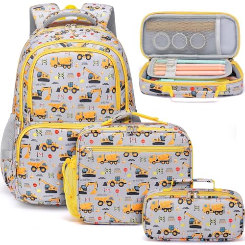 Fimibuke Kids Backpack for School Boys, 3PCS Waterproof Toddler School Bag Cute Bookbag Set with Lunch Box & Pencil Case for Preschool Kindergarten Elementary Back to School Student Ages 3-12, Trucks