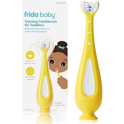 Frida Baby Training Toothbrush | Toddler Toothbrush for 18-24 Months, Easy-Grip Handle, Triple Angle Bristles, Soft Toothbrush Bristles, Stay-Put Suction Cup | Yellow