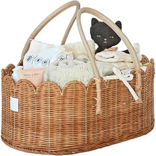 BEBE BASK Premium Baby Diaper Caddy Organizer - Handmade & Award-Winning Scalloped Rattan Basket - Luxury Diaper Caddy Basket - Elegant Scalloped Edge (Mocca)